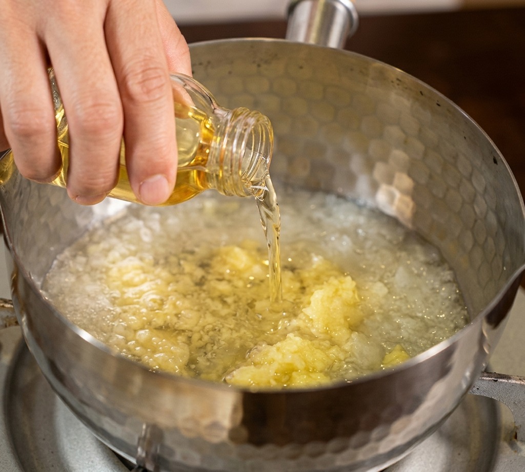 Il mirin viene versato da una bottiglia di vetro in un pentolino di acciaio contenente le polpe aromatiche grattugiate.
