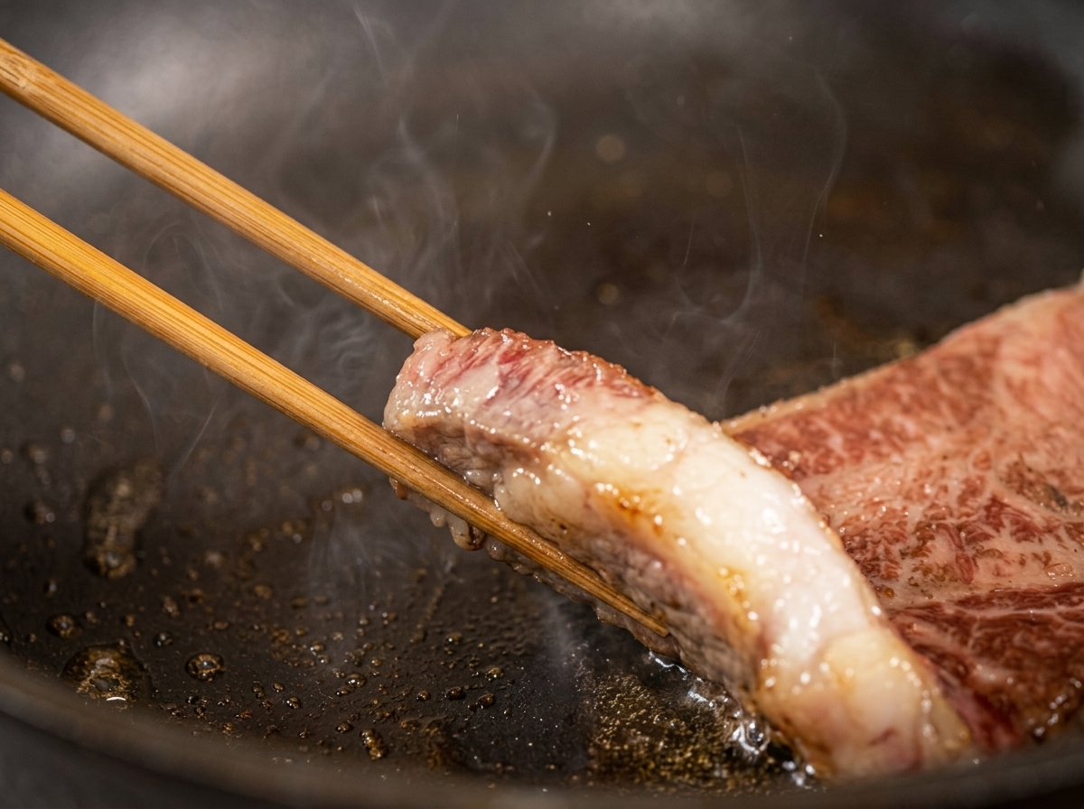 Bacchette di legno sollevano una bistecca di manzo scottata in padella per mostrare la superficie inferiore ben brunita.