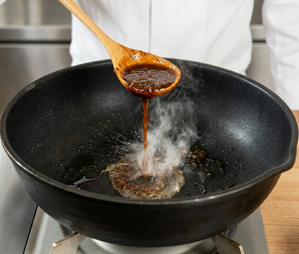 Un cucchiaio di legno versa una densa salsa aromatica marrone sopra una bistecca scottata in una padella nera fumante.