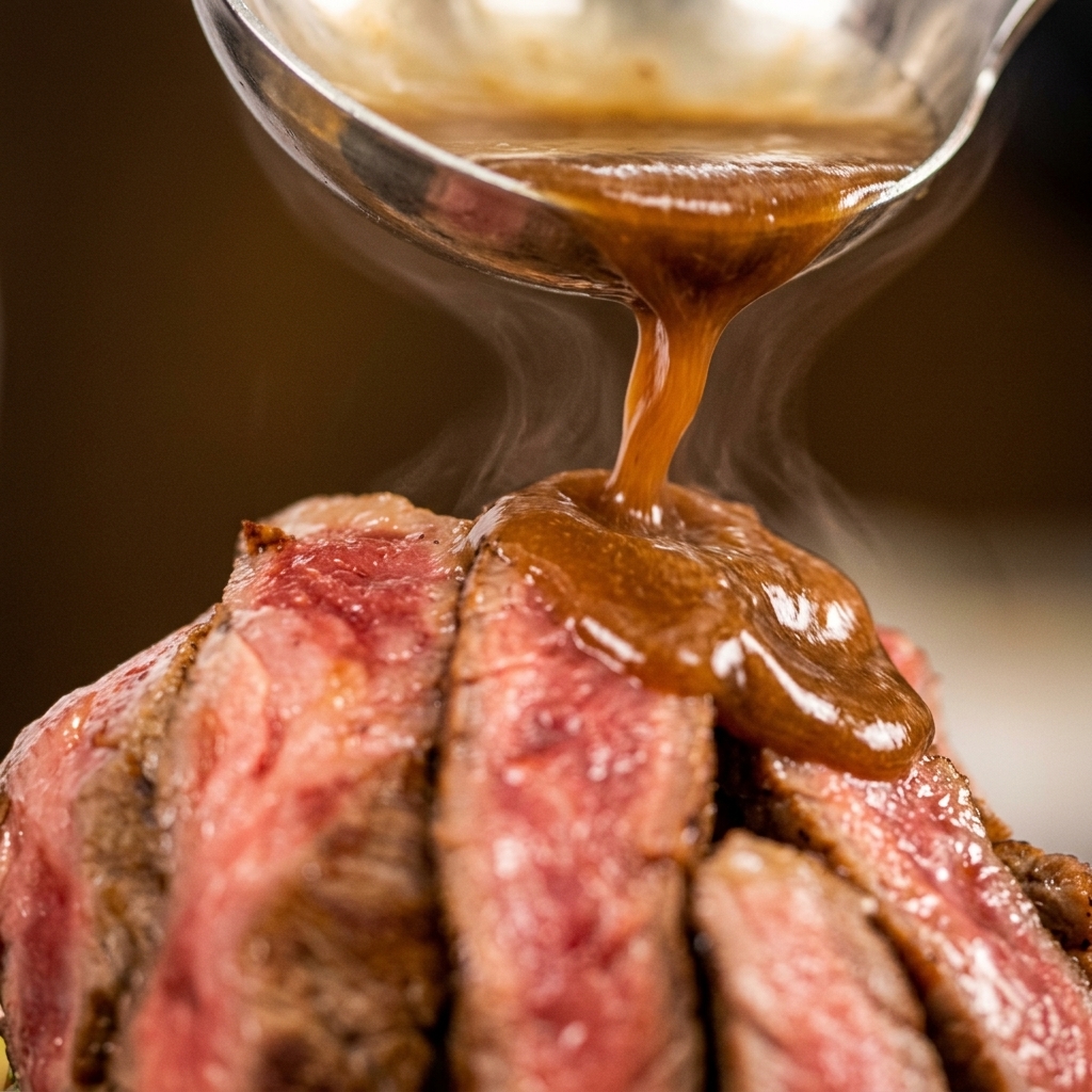Una densa salsa marrone viene versata da un mestolo dargento sulla bistecca tagliata a fette, con vapore che sale dalla glassa.