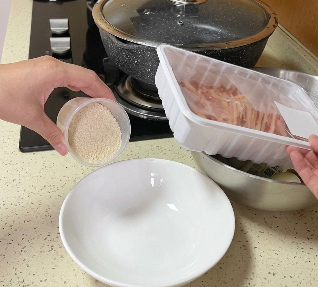 Una mano versa acqua limpida da un misurino di plastica in una ciotola bianca contenente riso bianco crudo.