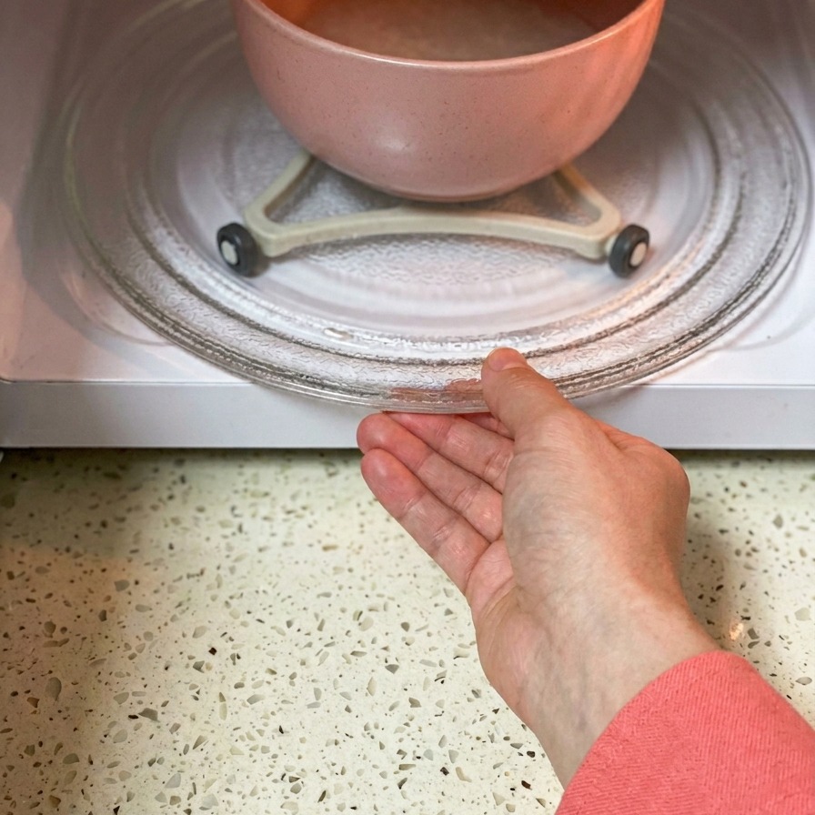 Una mano inserisce una ciotola rosa contenente acqua e riso sul piatto girevole di vetro allinterno di un microonde bianco.