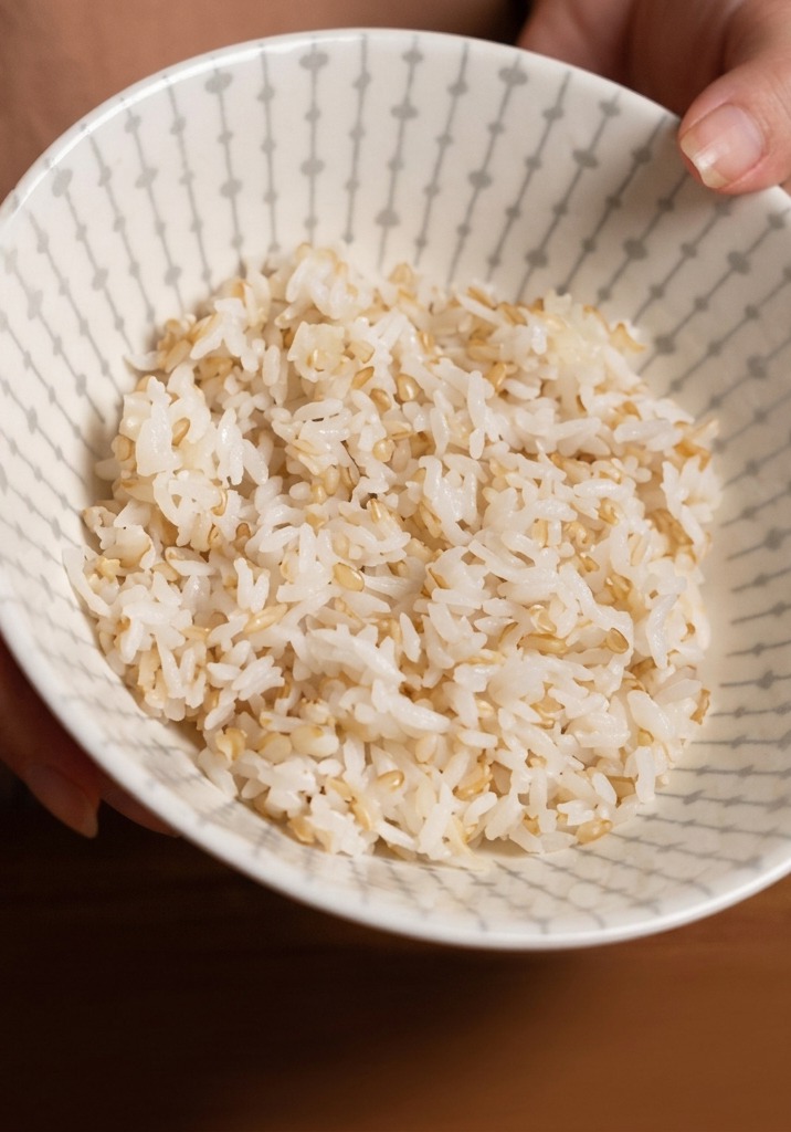 Un primo piano di una ciotola di ceramica bianca riempita con una miscela di riso bianco crudo e chicchi di riso integrale germogliato marroncino.