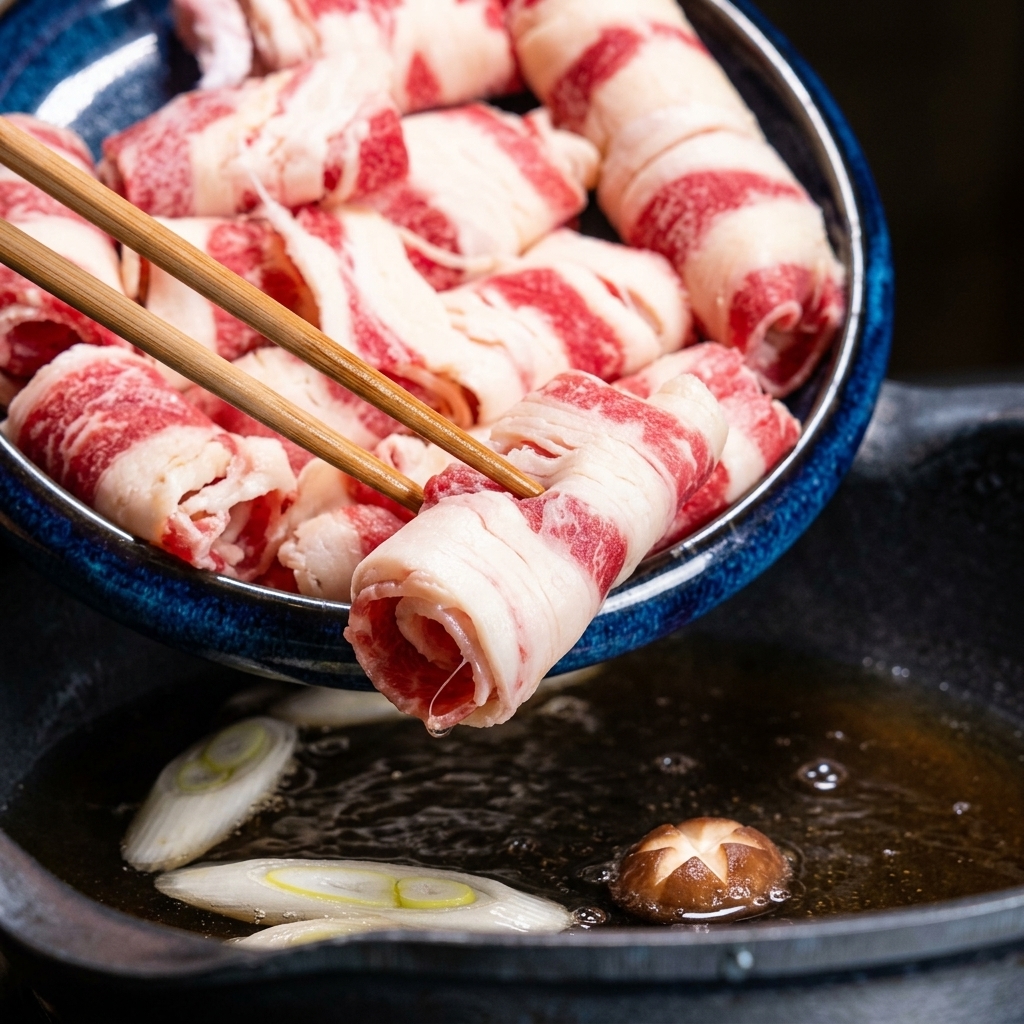 Sottili fettine di manzo crudo immerse con le bacchette di legno in una padella con brodo che sobbolle.