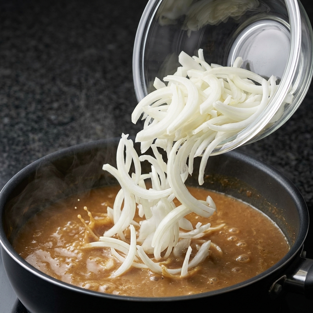 Fette di cipolla bianca che cadono da una ciotola di vetro trasparente in una padella con brodo saporito che sobbolle.