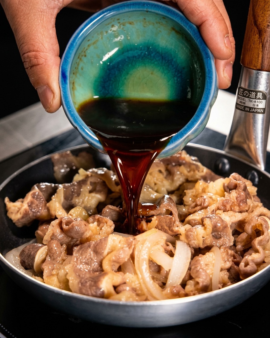 Salsa BBQ yakiniku di colore marrone scuro versata da una piccola ciotola di ceramica blu su un mix di manzo e cipolle cotte in padella.