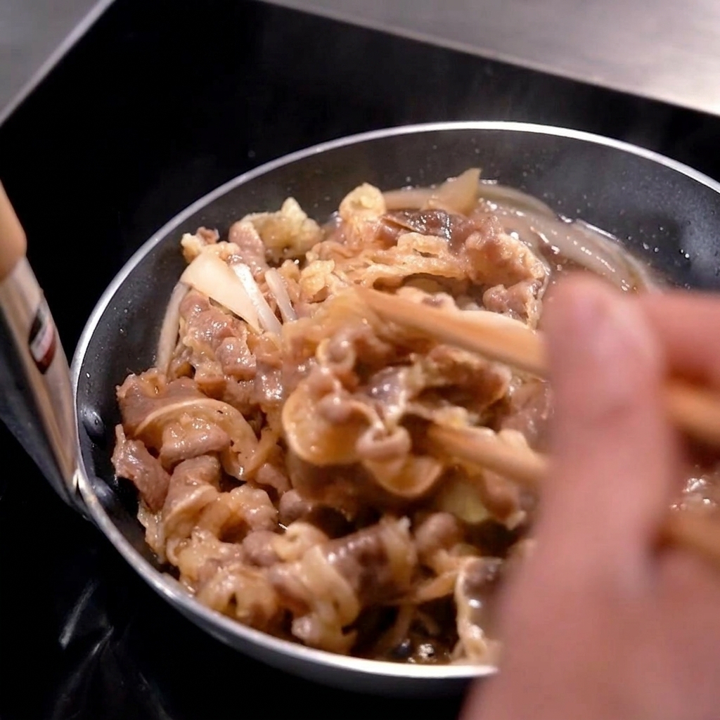 Fettine di manzo e cipolle mescolate in padella con una salsa scura e lucida che sobbolle intorno.