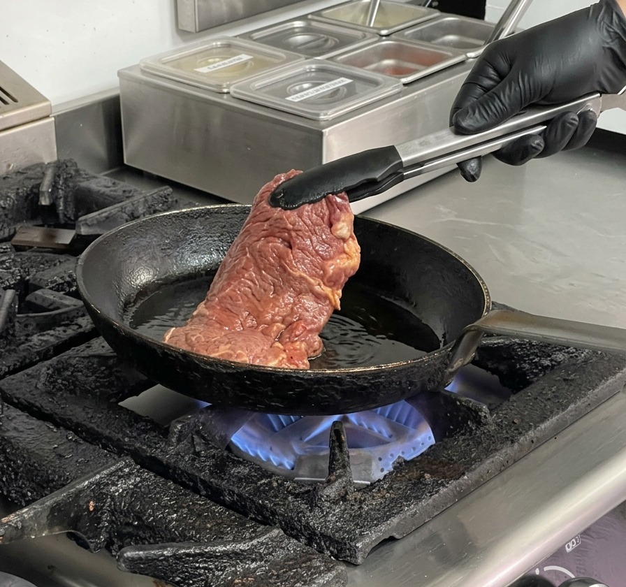 Pinze da cucina che adagiano un pezzo di carne di manzo cruda in una padella in ghisa calda e oliata.