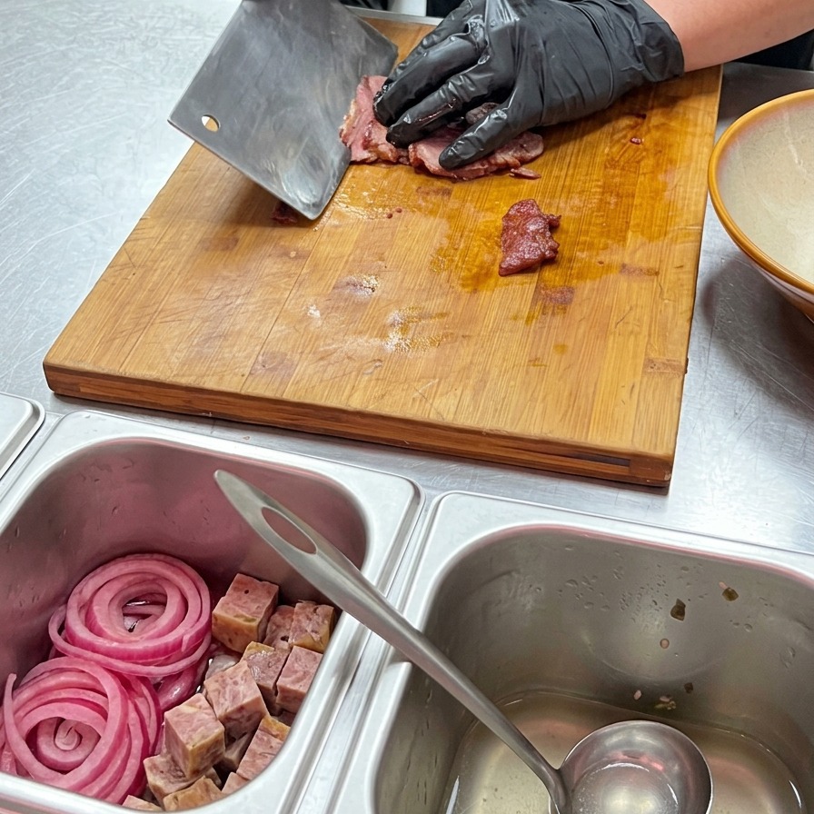 Mani con guanti che usano un coltello da macellaio per tagliare la bistecca di manzo scottata in strisce sottili al sangue su un tagliere di legno.