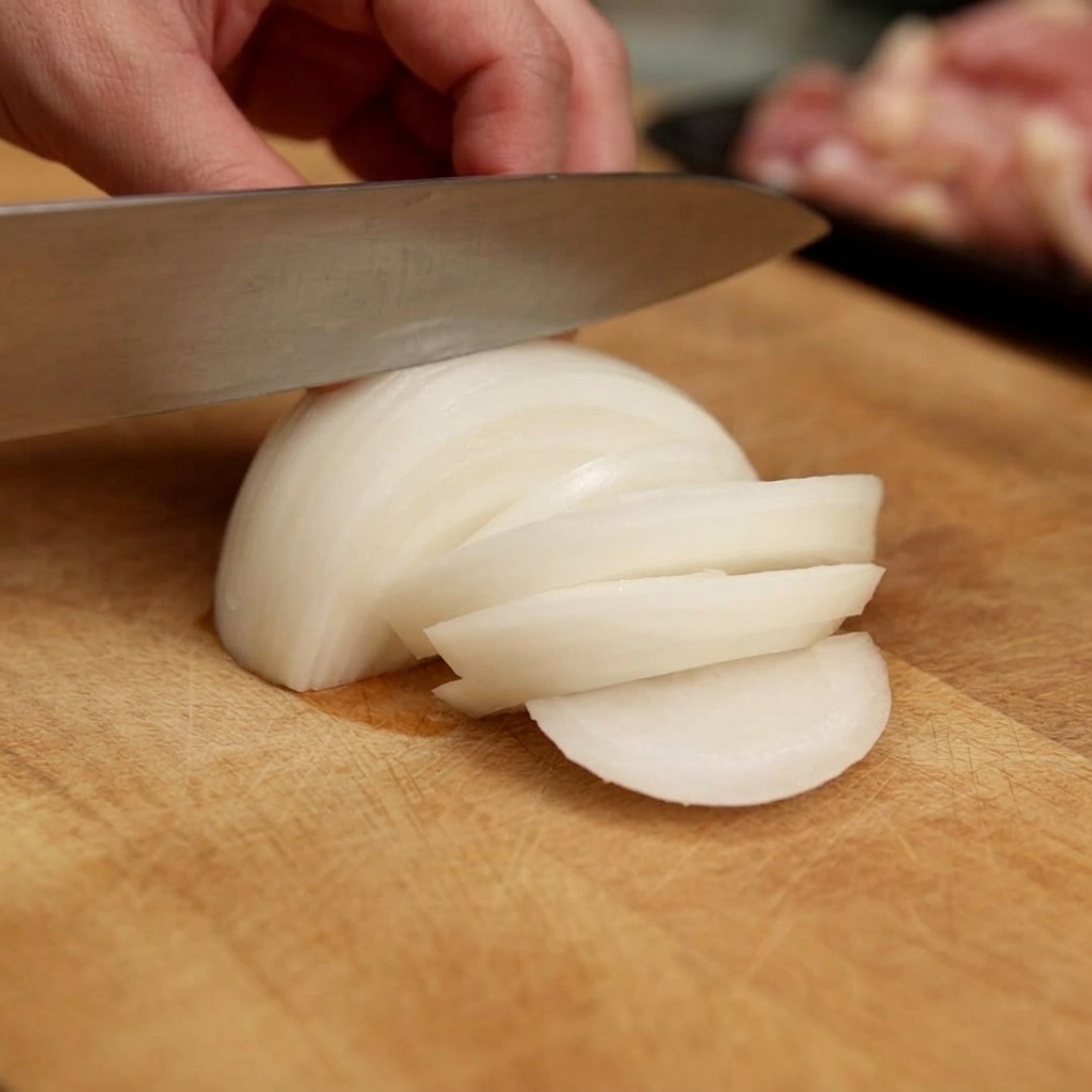 Un coltello da chef affilato taglia una cipolla bianca su un tagliere di legno creando fette sottili e uniformi.
