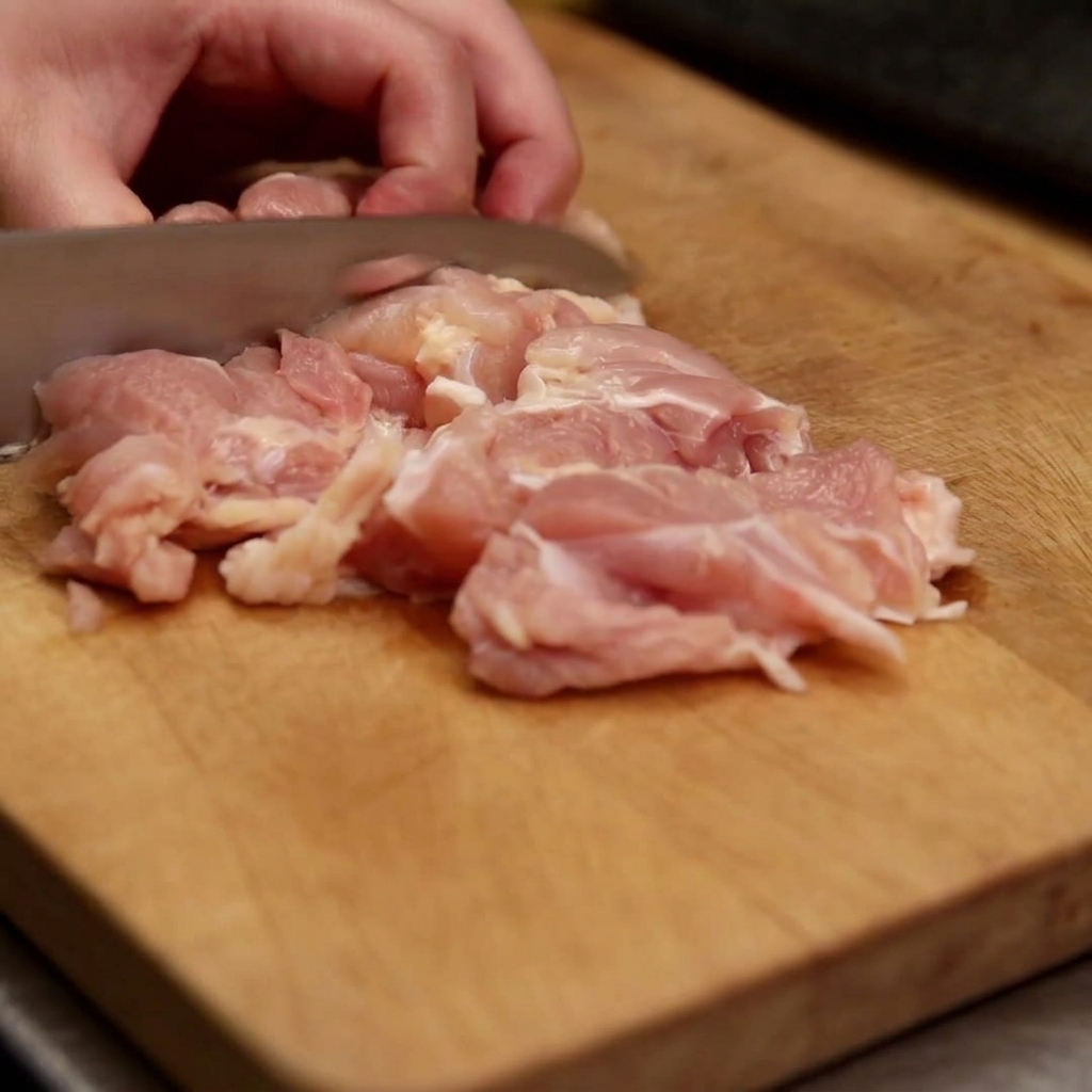 Primo piano di sovracosce di pollo crudo tagliate a pezzetti regolari su un tagliere di legno.