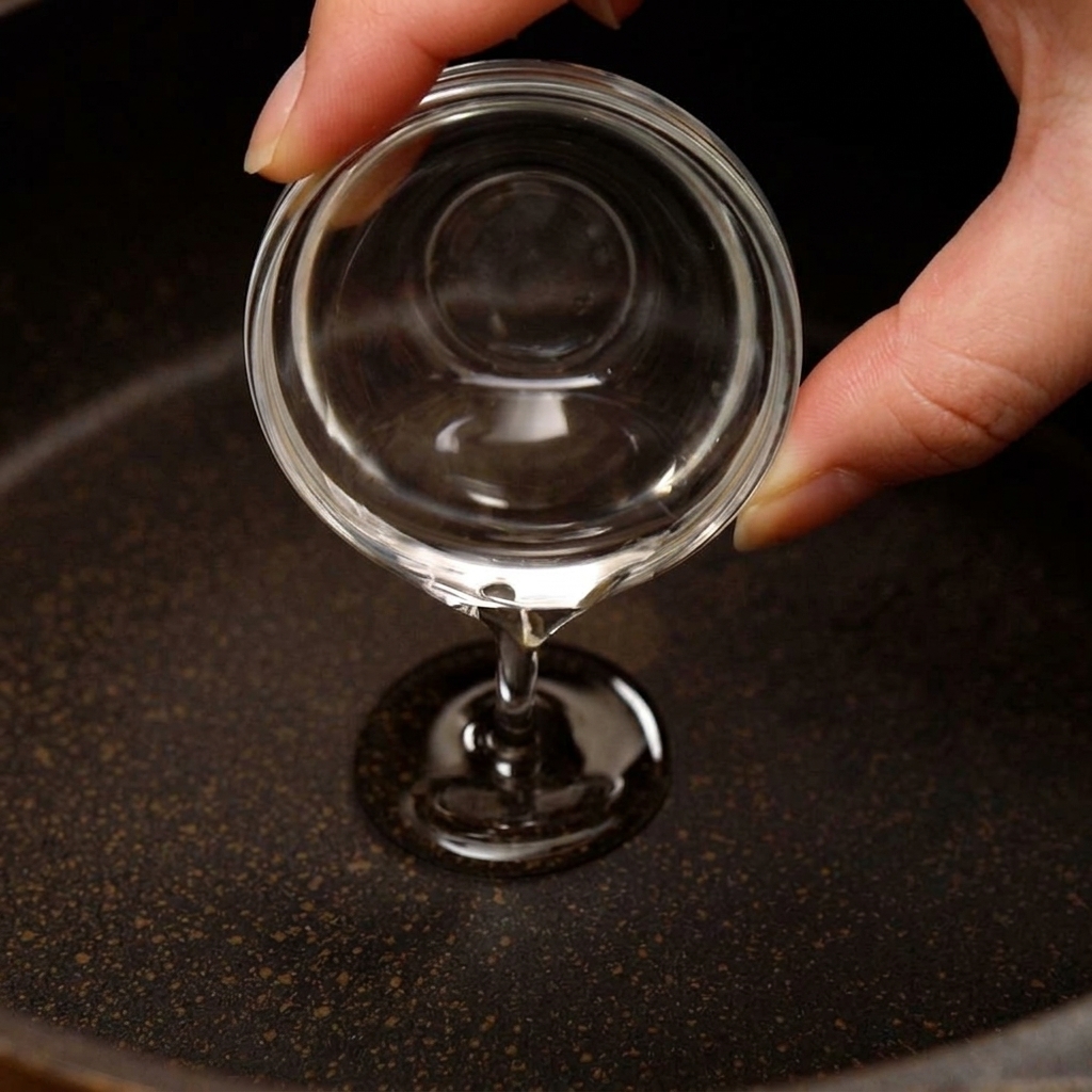 Olio di semi limpido versato da una piccola ciotola al centro di una padella antiaderente scura.