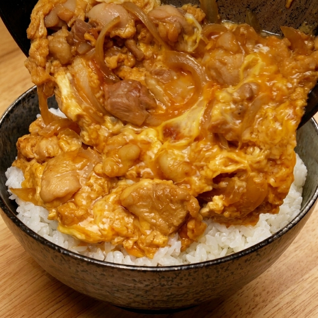 Il composto cotto di uova e pollo viene fatto scivolare da una padella in ghisa su una ciotola di riso bianco soffice.