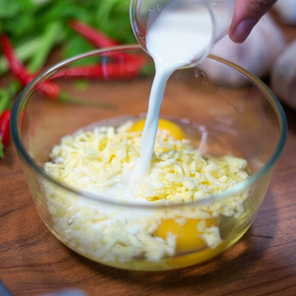 Latte versato da una piccola brocca trasparente in una ciotola di vetro contenente tuorli duovo crudi e formaggio grattugiato.