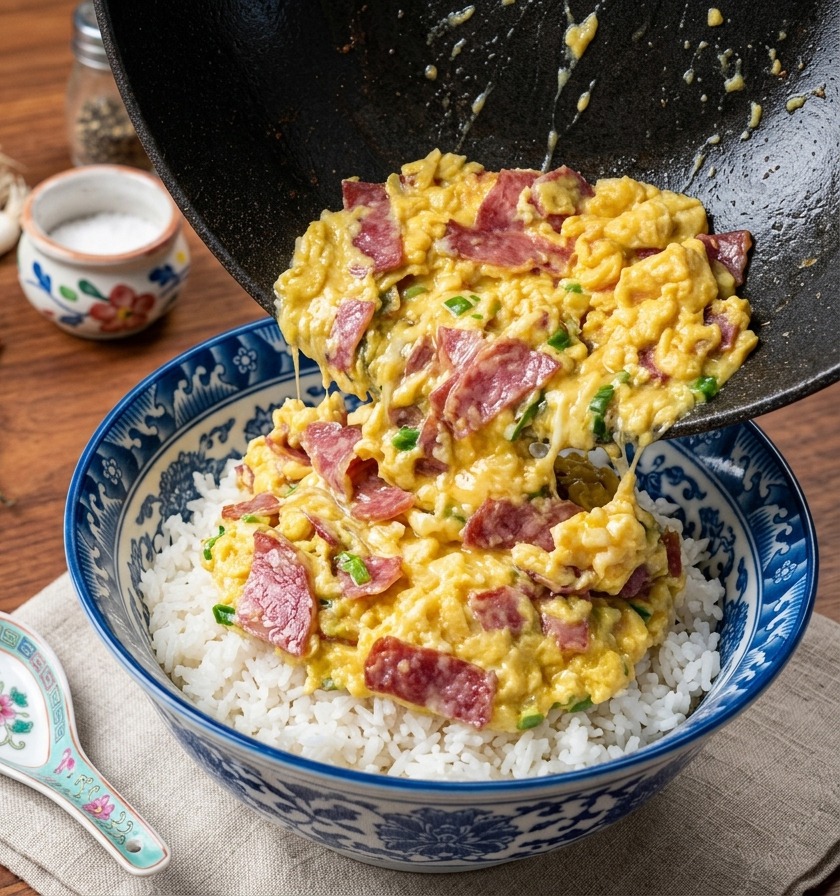 Una padella inclinata per far scivolare una porzione di uova strapazzate gialle e bacon croccante su una ciotola di riso bianco fumante.