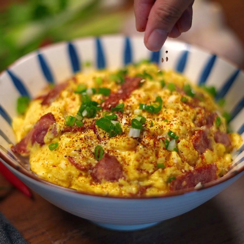 Una mano che sparge rondelle di cipollotto sopra la ciotola di riso con uova e bacon completata.