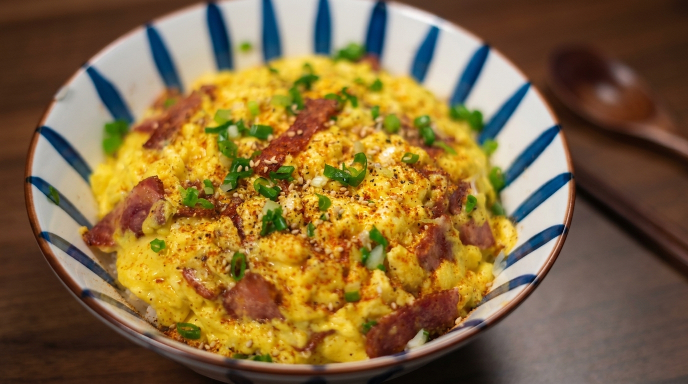 Ciotola di Riso con Bacon e Uova Strapazzate