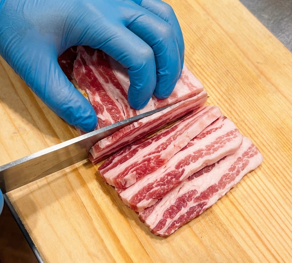 Una persona con guanti blu usa un coltello da chef per tagliare la pancetta di maiale cruda a strisce sottili su un tagliere di legno chiaro.