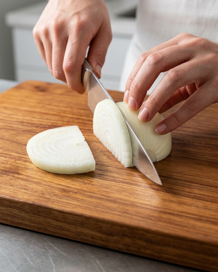 Mani che usano un coltello da chef per affettare una cipolla bianca su un tagliere di legno.