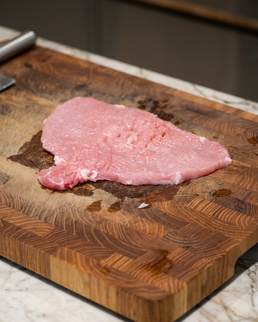 Una fetta sottile di maiale rosa battuta, adagiata su un tagliere di legno con grani visibili di sale e pepe.