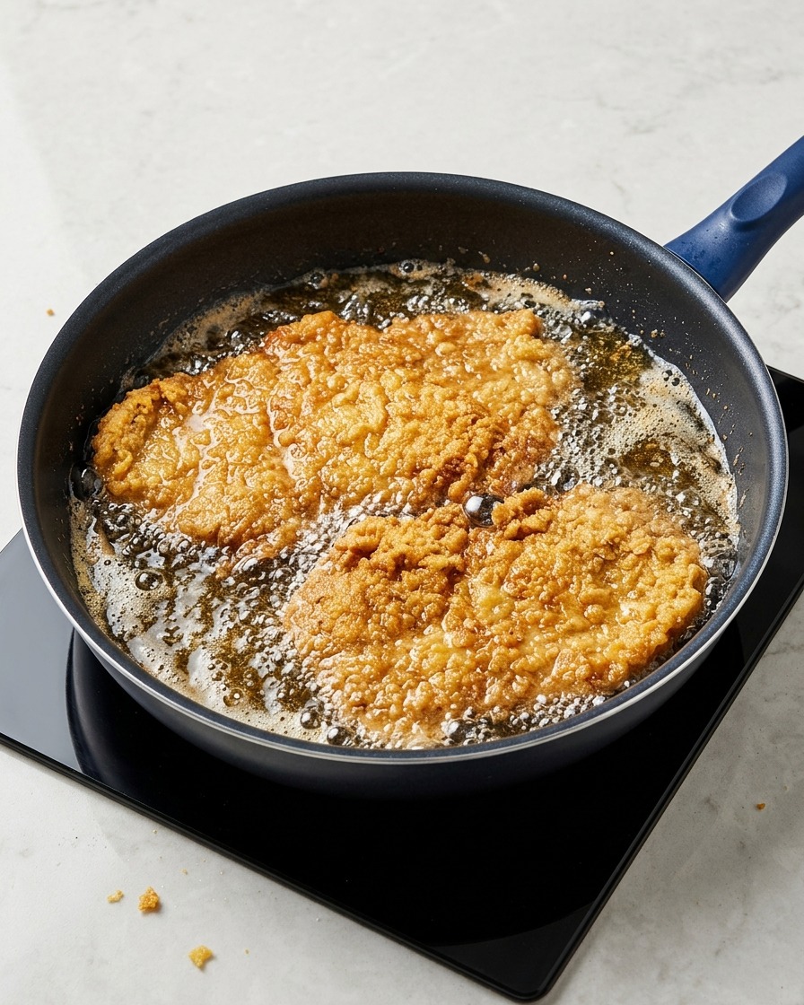 Due grandi cotolette di maiale impanate che friggono in una padella di olio caldo, mostrando un esterno croccante e dorato.