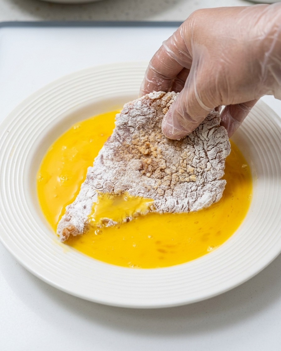 Una mano immerge una cotoletta di maiale coperta di amido in un piatto bianco pieno di uovo sbattuto giallo.