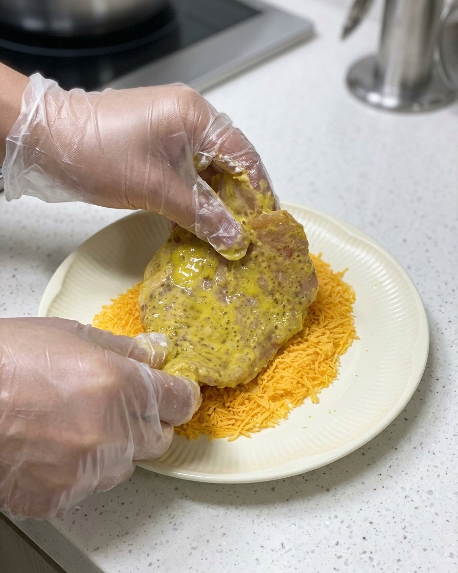 Mani con guanti di plastica pressano una cotoletta di maiale bagnata nelluovo in un piatto pieno di pangrattato panko.