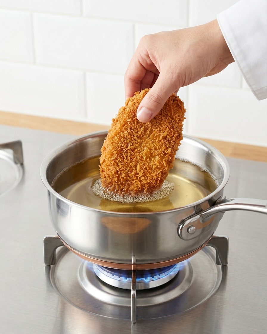 Una mano che immerge con cura una cotoletta di maiale impanata con panko dorato in una pentola dacciaio piena di olio bollente.