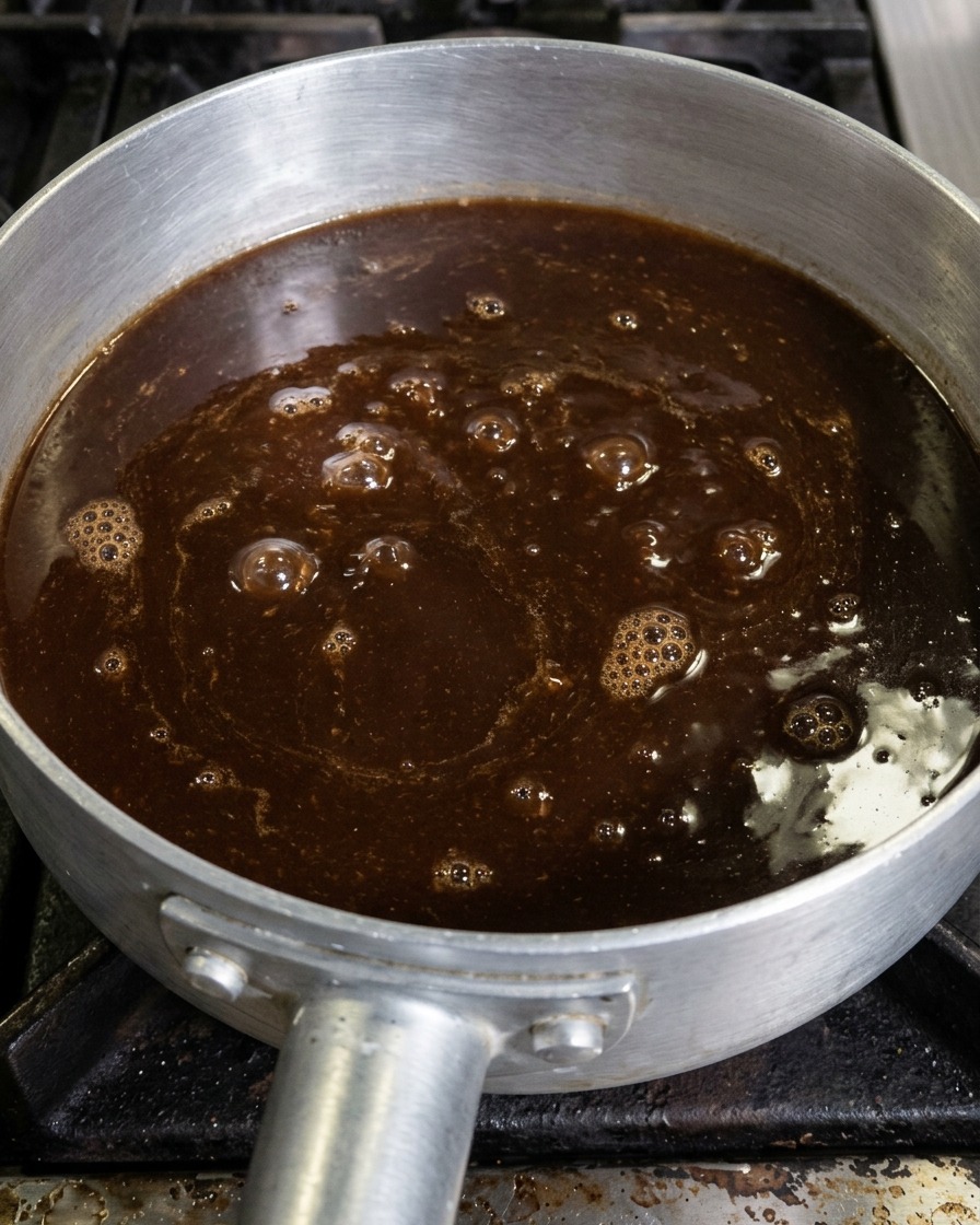 La densa e scura salsa al miso che sobbolle in un pentolino sul fuoco, mostrando kleine bolle daria in superficie.