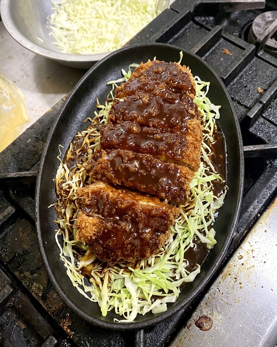 Una cotoletta di maiale impanata e tagliata a fette adagiata su cavolo cappuccio sminuzzato in una piastra ovale di ghisa, parzialmente coperta da una densa salsa al miso marrone scuro.