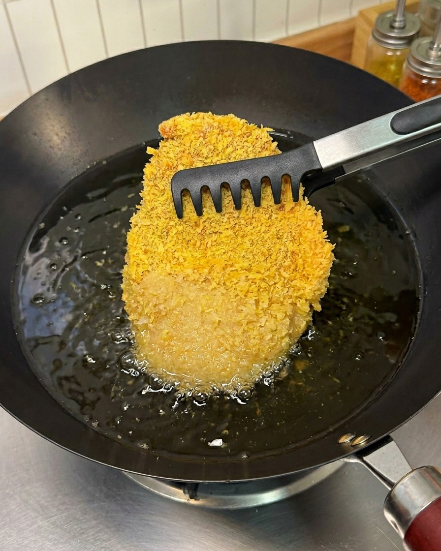 Una cotoletta impanata che viene immersa in un wok di olio bollente usando delle pinze da cucina.