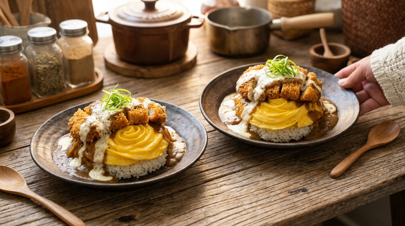 Riso al Curry con Cotoletta di Maiale, Omelette Tornado e Banana Latte