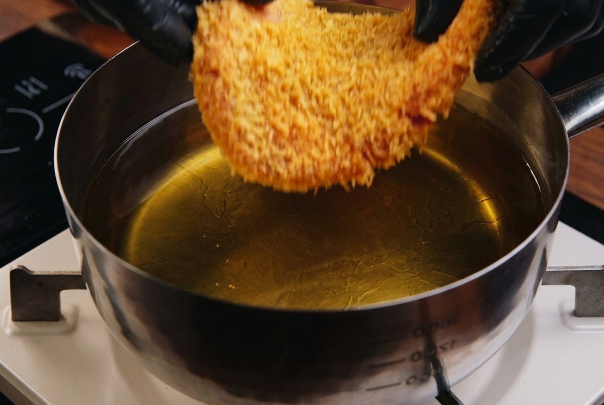 Una cotoletta impanata nel panko viene immersa delicatamente in una pentola di olio caldo e limpido.