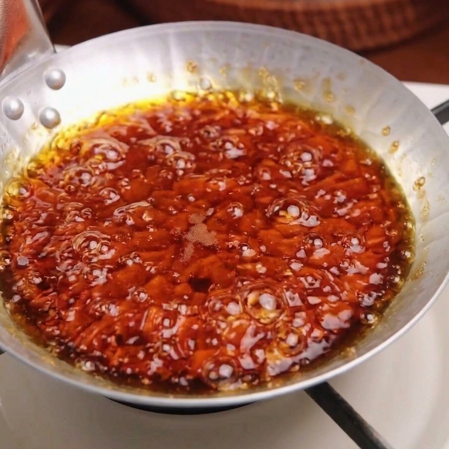 Cipolle bianche affettate che sobbollono in una salsa scura a base di dashi allinterno di una padella di metallo.