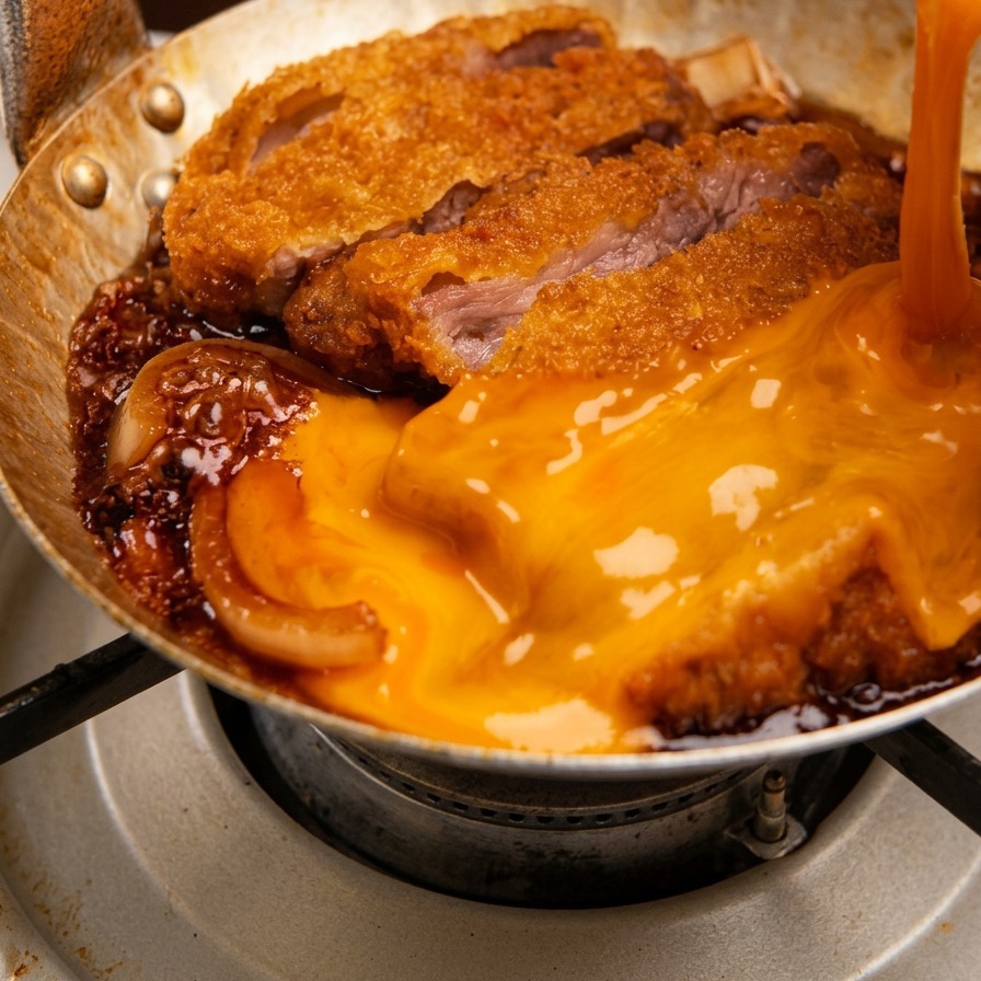 Uova crude sbattute vengono versate sopra una cotoletta di maiale che sobbolle in padella, creando uno strato giallo vivace.