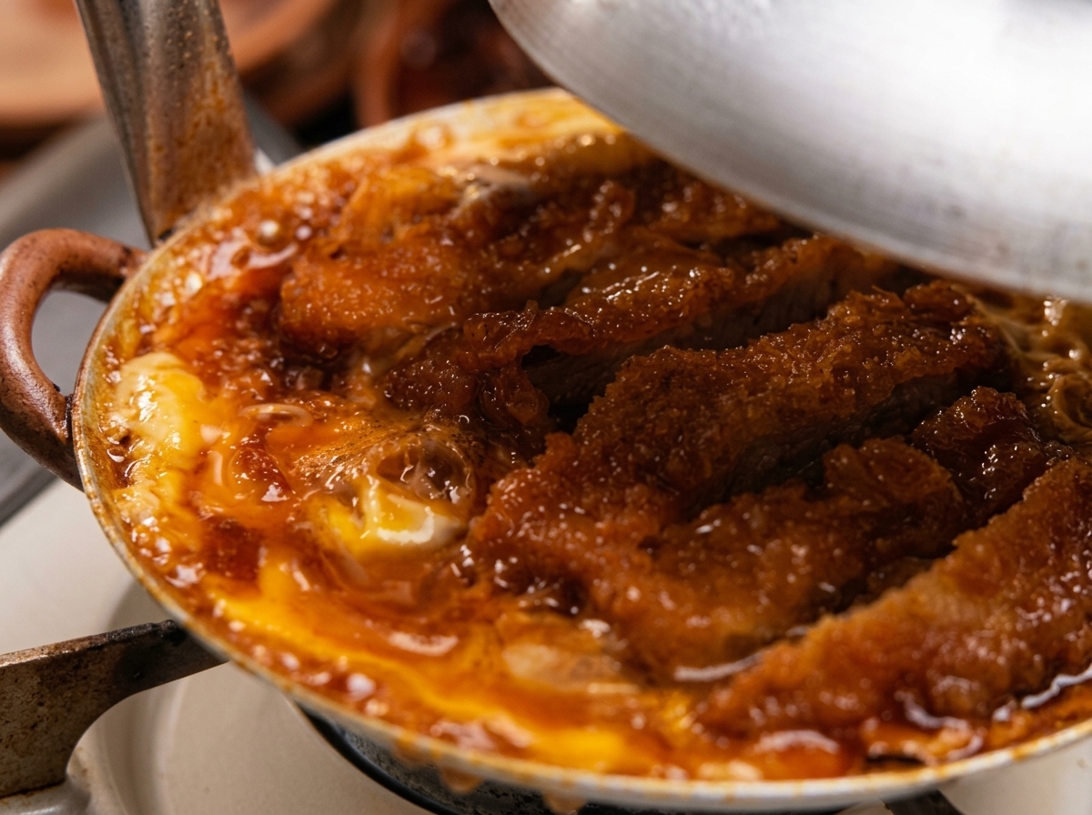 Una mano posiziona un coperchio tondo di metallo su una padella da katsudon tradizionale giapponese con cotoletta e uova semicrude.