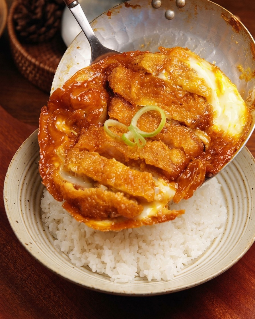Il katsudon finito viene fatto scivolare dalla padella in una ciotola di ceramica colma di riso bianco, rivelando le uova dorate e il maiale a fette.