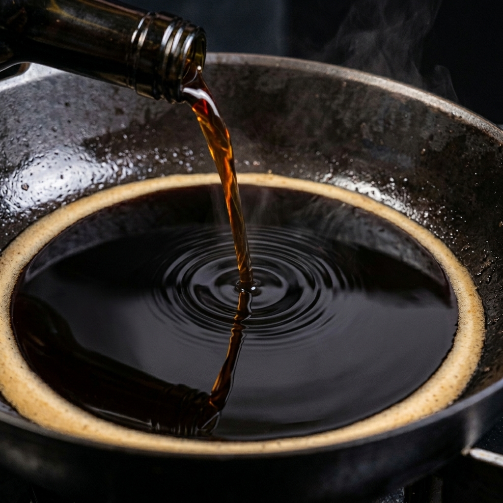 Un liquido scuro versato da una bottiglia in una padella nera, creando piccole increspature sulla superficie del liquido già presente.