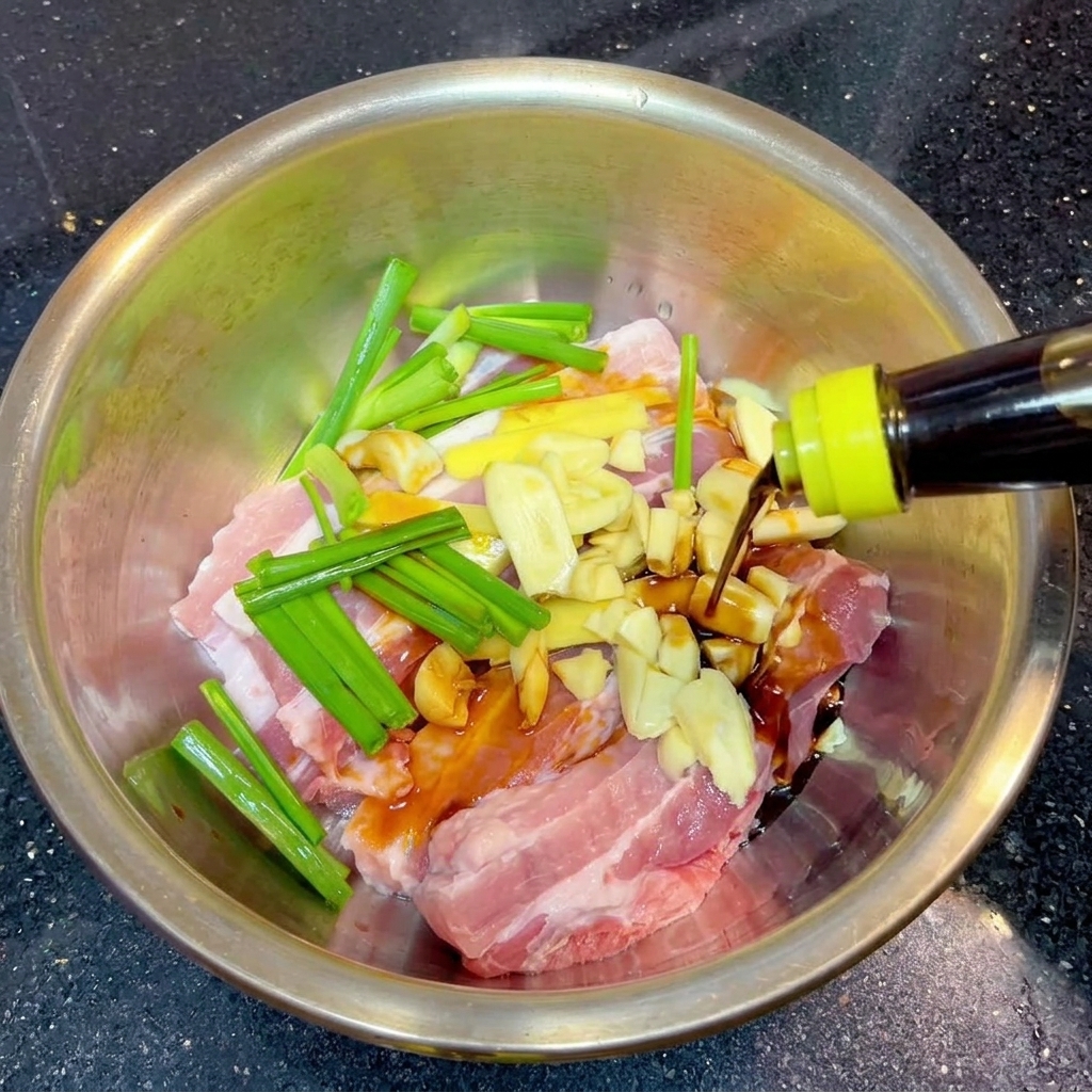 Un liquido scuro versato da una bottiglia con tappo giallo su strisce di pancetta cruda mescolate a pezzi di cipollotto verde e aromi affettati.