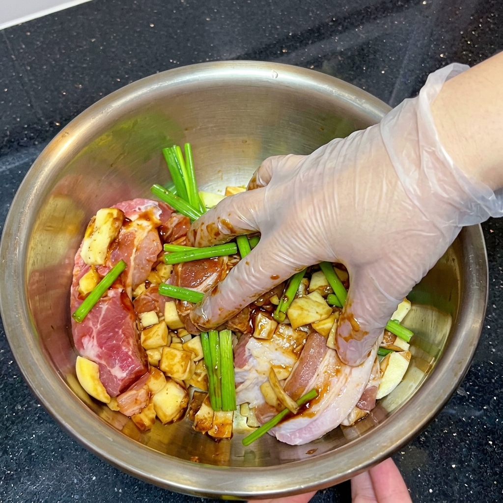 Una mano con un guanto di plastica trasparente che stringe vigorosamente cipollotti verdi e strisce di pancetta di maiale scura marinata in una ciotola di acciaio inossidabile.