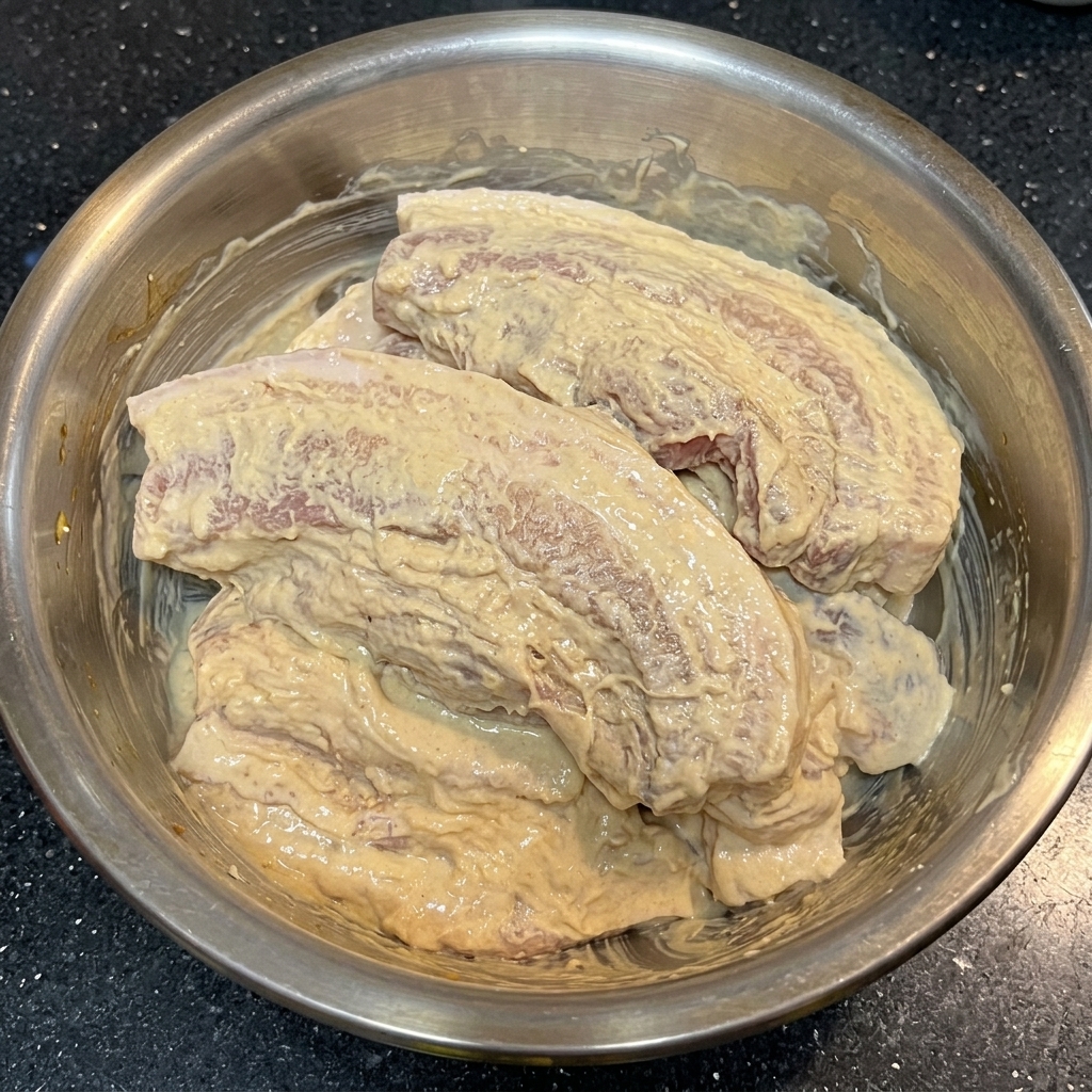 Strisce di pancetta di maiale interamente avvolte da una pastella densa, cremosa e di colore chiaro allinterno di una ciotola di metallo.
