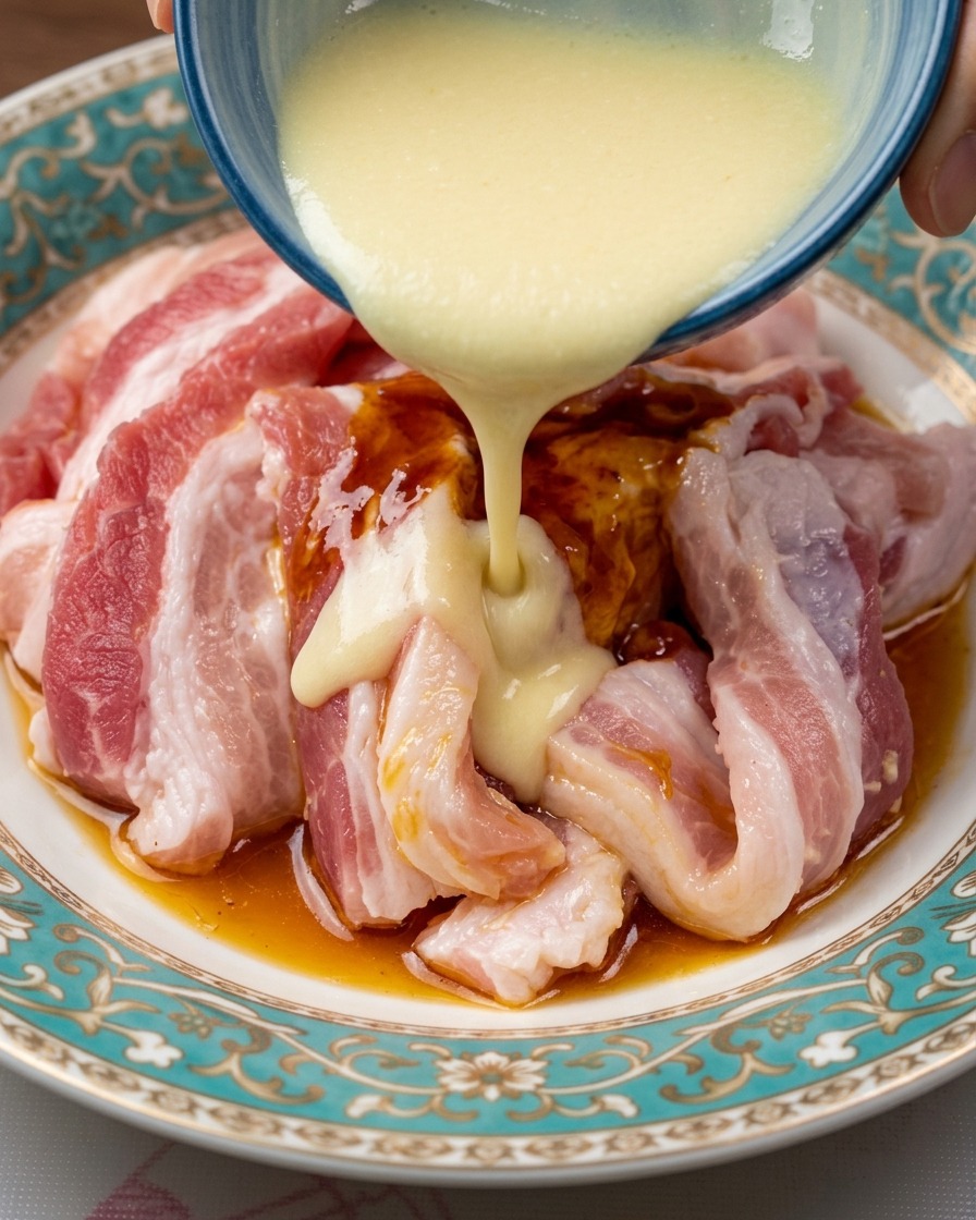 Un liquido bianco e cremoso allaglio viene versato da una ciotola blu sulla pancetta di maiale già condita.