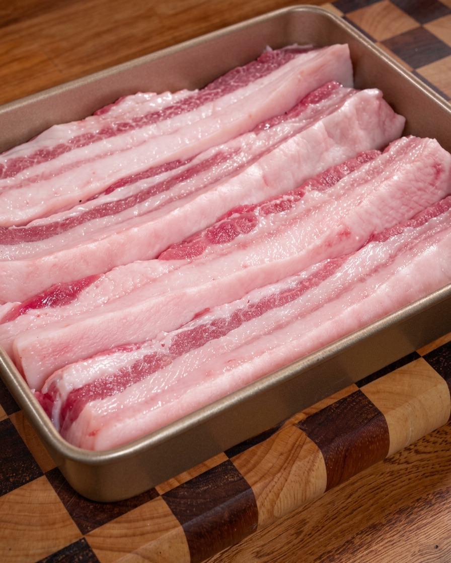 Diverse lunghe strisce di pancetta di maiale cruda, con evidenti strati alternati di carne rosa e grasso bianco, disposte ordinatamente in un vassoio di metallo dorato su una superficie di legno.