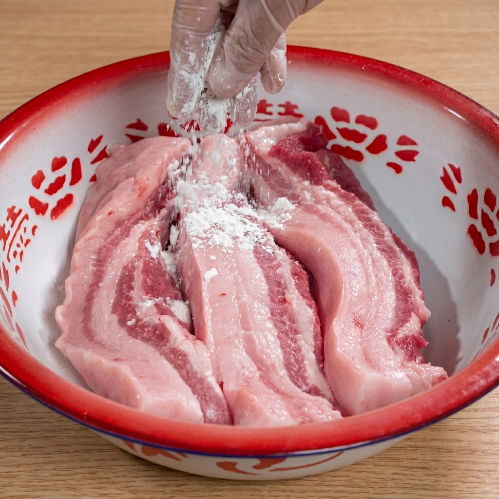 Una mano con un guanto trasparente spolvera della farina bianca su strisce di pancetta di maiale cruda disposte allinterno di una ciotola smaltata con il bordo rosso.