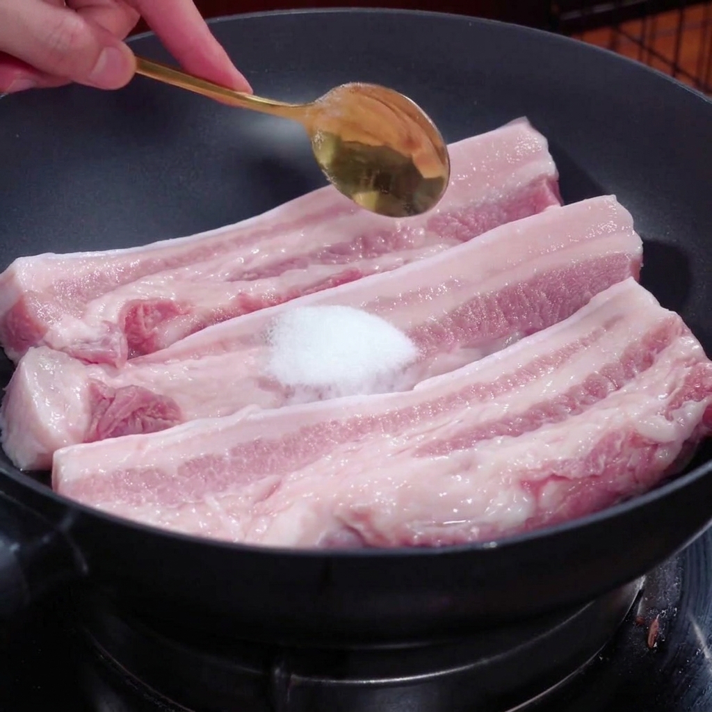 Un cucchiaio dorato sospeso sopra una manciata di sale bianco posizionata sulle strisce di pancetta di maiale cruda allinterno di una padella nera.
