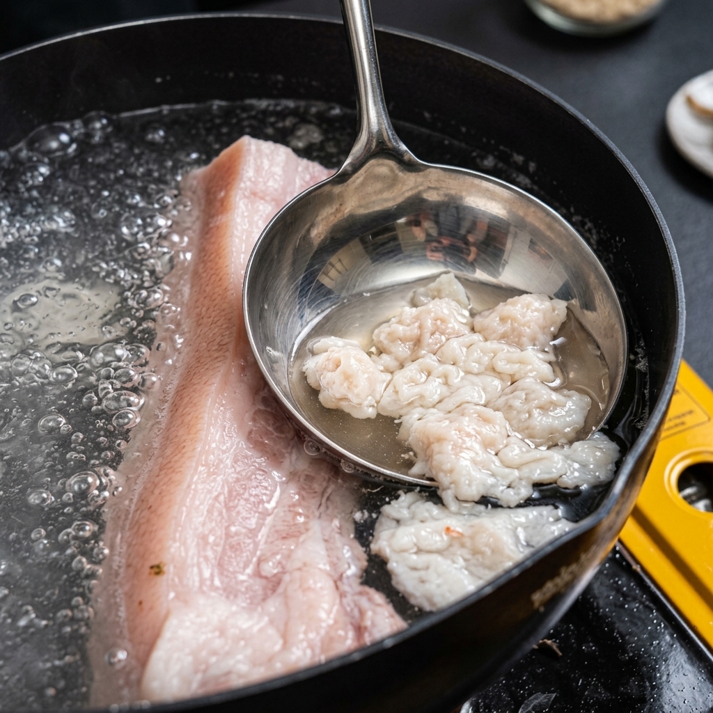 Un grande mestolo di metallo rimuove la schiuma bianca densa e le impurità dalla superficie dellacqua in ebollizione con allinterno le strisce di pancetta.