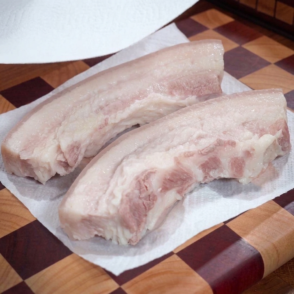 Due strisce di pancetta di maiale bollita adagiate su carta assorbente sopra un tagliere a scacchi, mentre vengono tamponate per asciugarle.