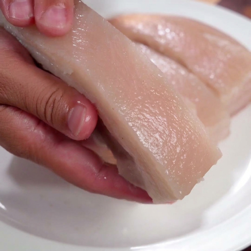 Un primo piano di una mano che tiene un pezzo di pancetta di maiale bollita, strofinando il sale e applicando laceto bianco sul lato della cotenna.