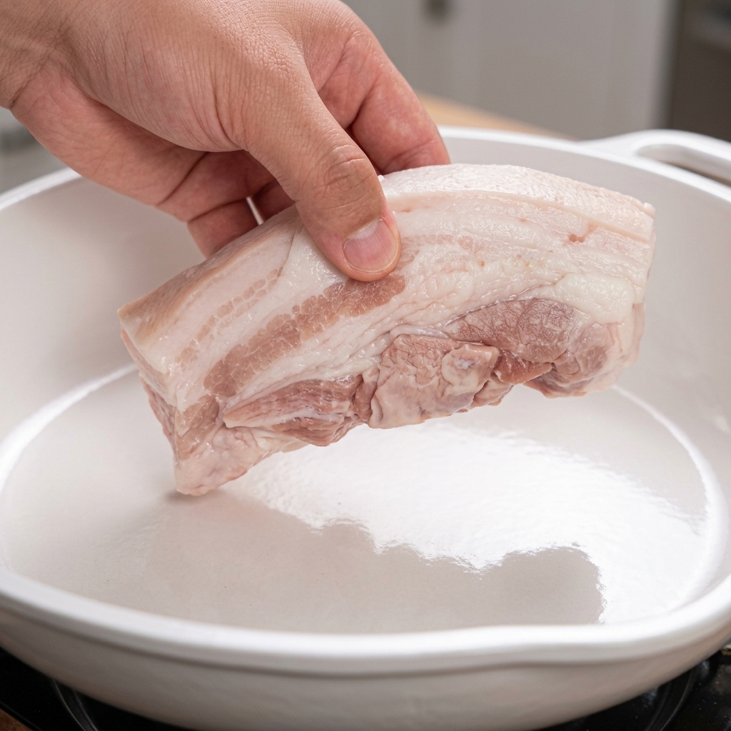 Una mano adagia una spessa striscia di pancetta di maiale condita allinterno di una padella pulita con rivestimento ceramico bianco, senza laggiunta di olio.