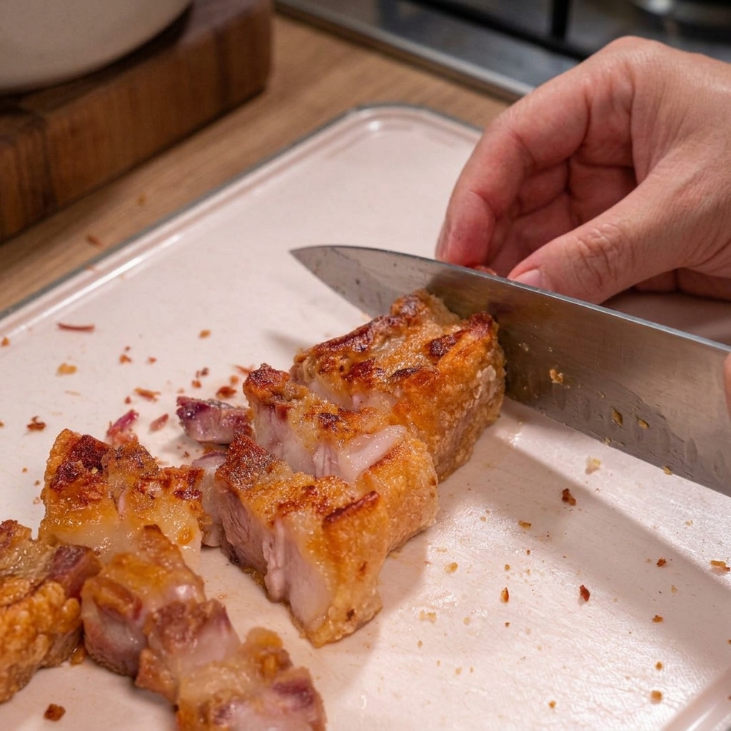 Una mano usa un coltello affilato per tagliare la pancetta di maiale perfettamente dorata e croccante in pezzi a misura di boccone su un tagliere bianco.